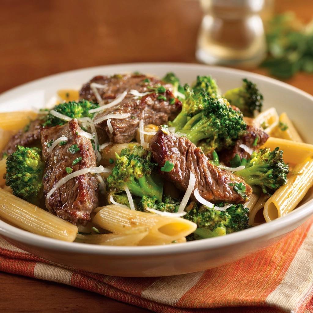 Saftiger Rindfleisch-Rigatoni mit Brokkoli, Nahaufnahme der Nudeln, Fleischstücke und Brokkoliröschen, garniert mit Käse