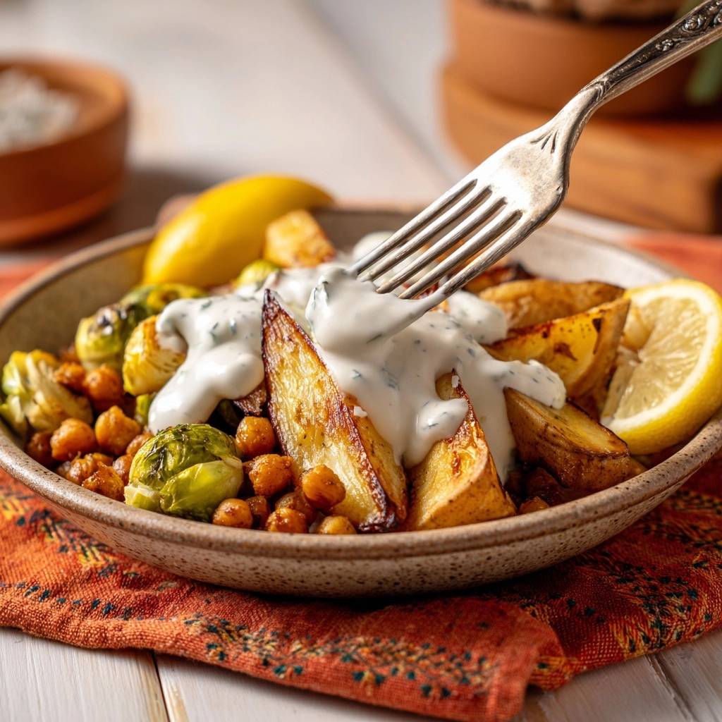 Knuspriger Rosenkohl-Bowl mit Kichererbsen & Kartoffelwedges, serviert mit einer cremigen Sauce und Zitrone, Nahaufnahme.