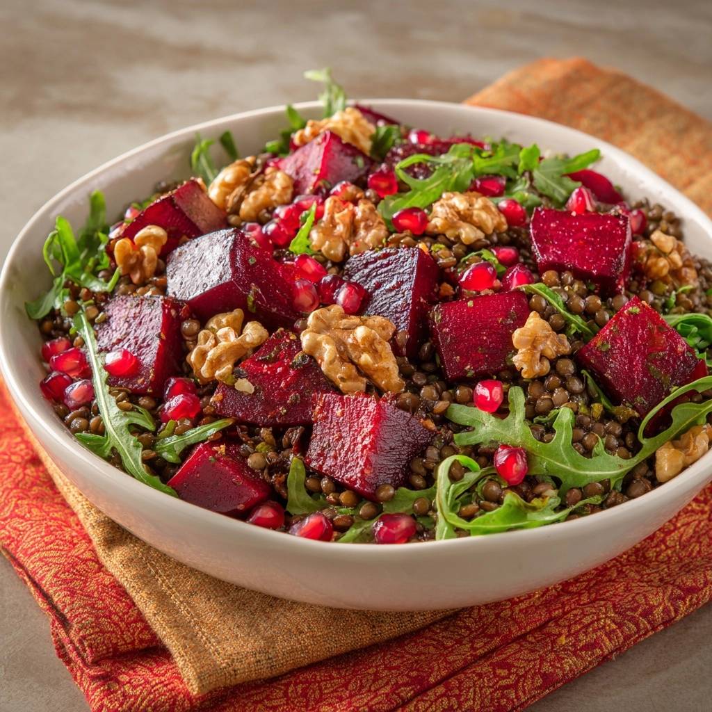 Warme Rote-Bete-Linsen-Bowl mit Kürbis, Walnüssen & Granatapfel, detailreich garniert mit Granatapfelkernen und Walnusshälften.
