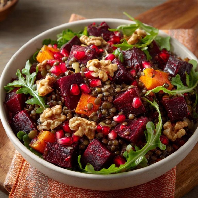 Warme Rote-Bete-Linsen-Bowl mit Kürbis, Walnüssen & Granatapfel im Detail, Nahaufnahme der Zutaten.
