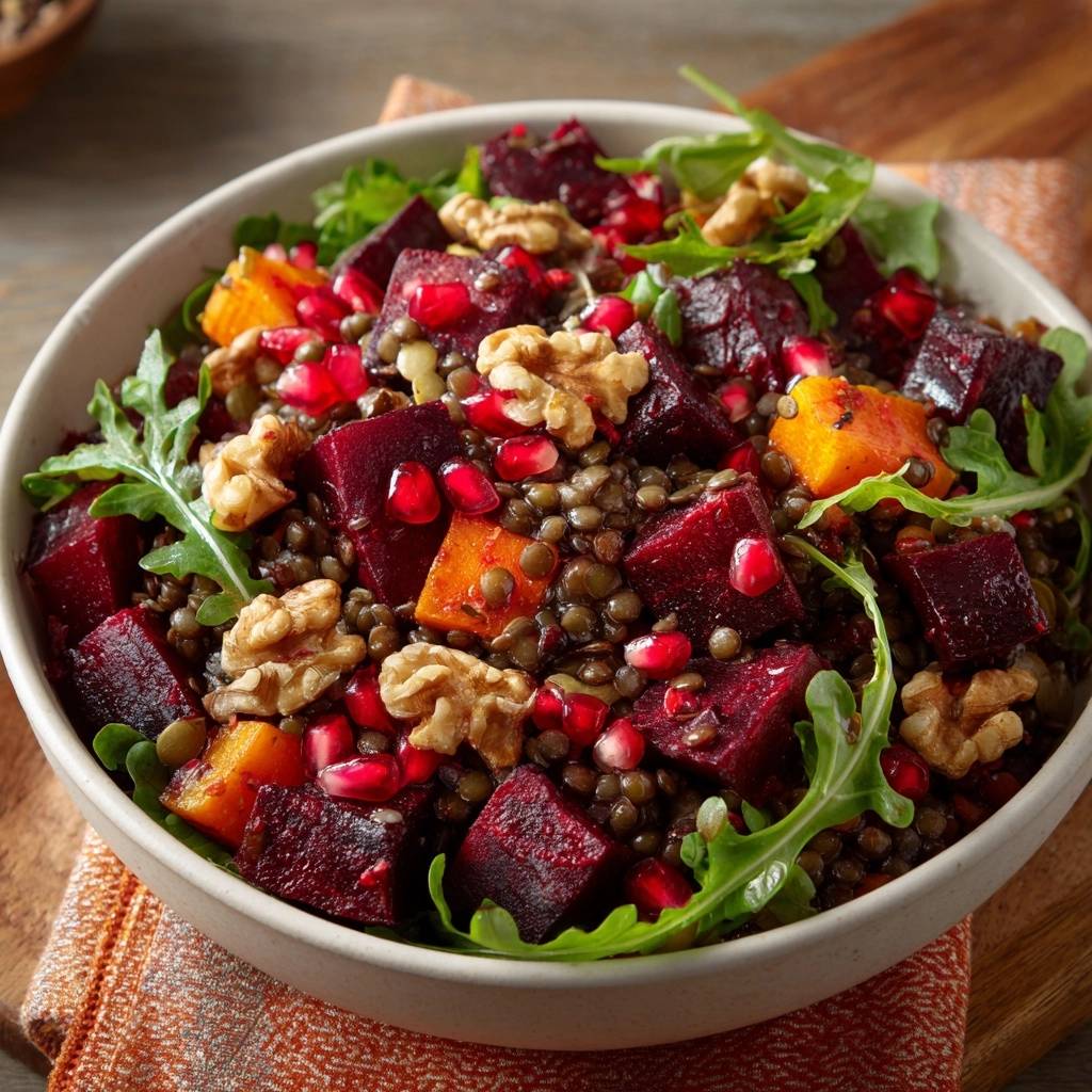 Warme Rote-Bete-Linsen-Bowl mit Kürbis, Walnüssen & Granatapfel im Detail, Nahaufnahme der Zutaten.