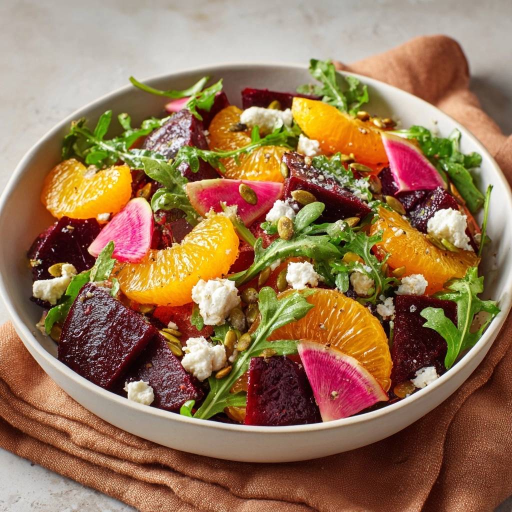 Rote Bete Rucola Salat Detail Nahaufnahme 1 Knackiger Rote-Bete-Rucola-Salat mit Orange, Feta & Kürbiskernen, Nahaufnahme der frischen Zutaten und Texturen im Salat.