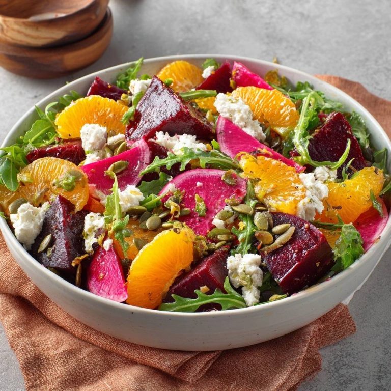 Knackiger Rote-Bete-Rucola-Salat mit Orange, Feta & Kürbiskernen, nahaufnahme der frischen Zutaten in einer Schüssel