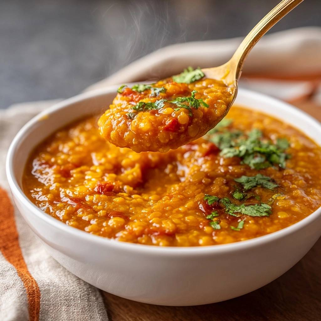 Cremiges Rotes Linsen-Dal, aufgenommen mit einem Löffel voller dampfendem Dal, garniert mit Koriander.