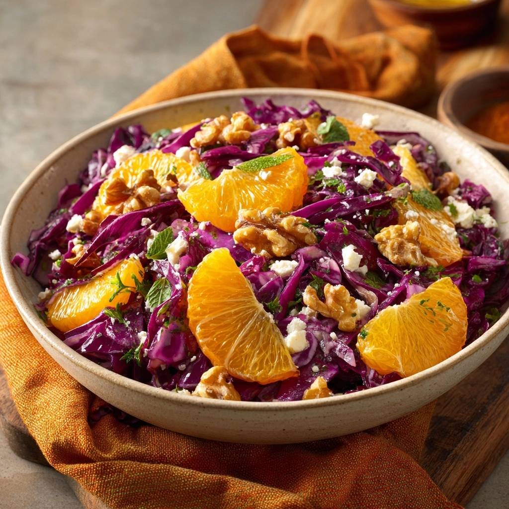 Rotkohl Orangen Salat Garniert 1 Rotkohl-Orangen-Salat mit Walnüssen und Feta, garniert mit Orangenspalten und Minze