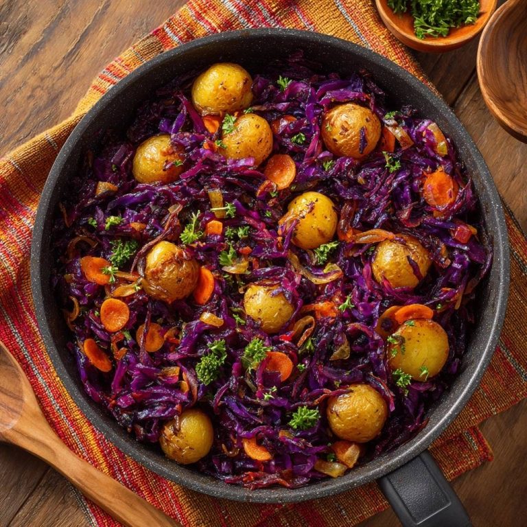 Rotkohl-Pfanne mit Kartoffeln und Karotten, eine köstliche Pfanne mit roten Kohlstreifen, kleinen Kartoffeln und Karottenscheiben von oben gesehen.