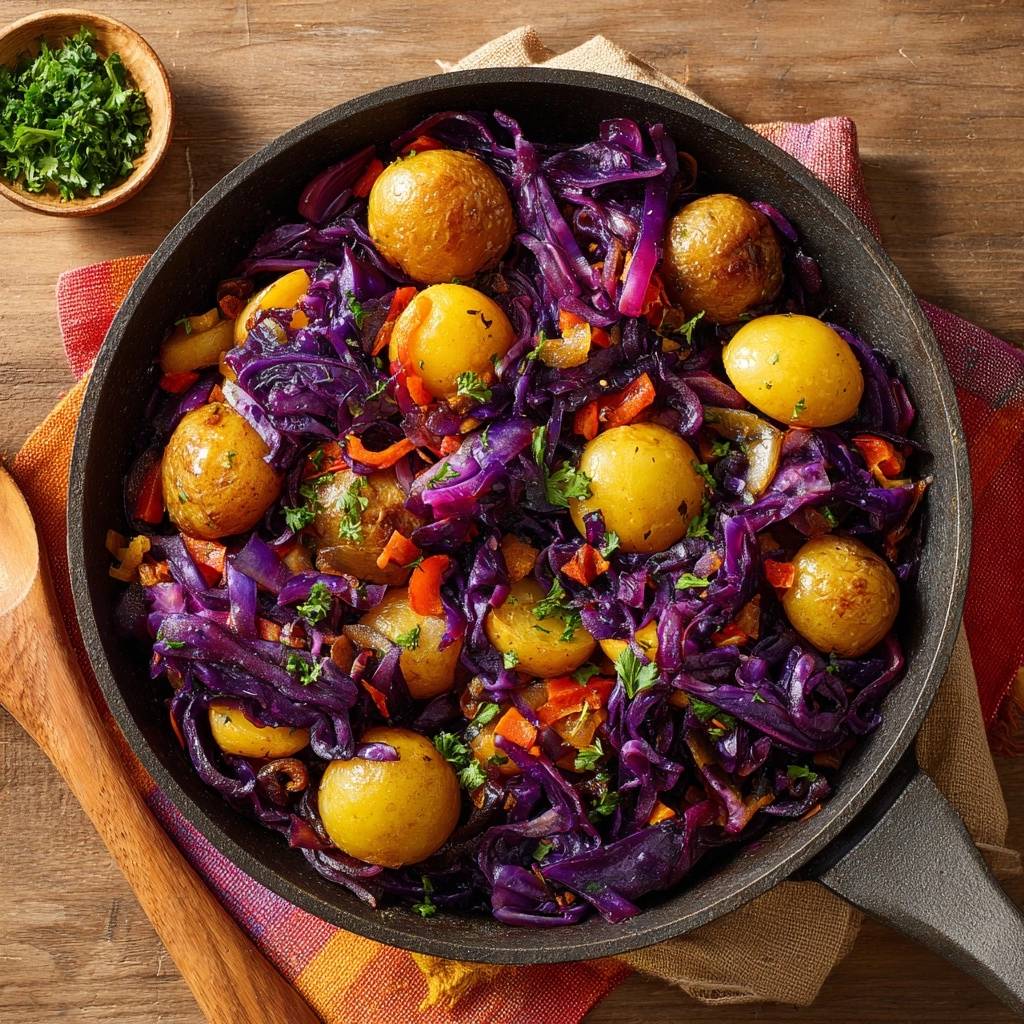 Rotkohl-Pfanne mit Kartoffeln und Karotten als Draufsicht aus einer Pfanne, garniert mit Petersilie.