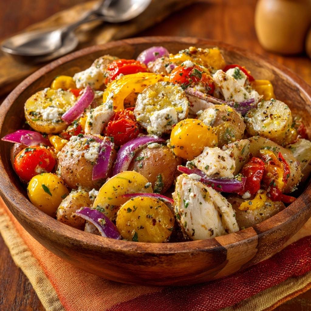 Rustikaler Hähnchen-Gemüse-Ofen mit Feta als Nahaufnahme im Holzteller, mit Kartoffeln, Tomaten und Zwiebeln.