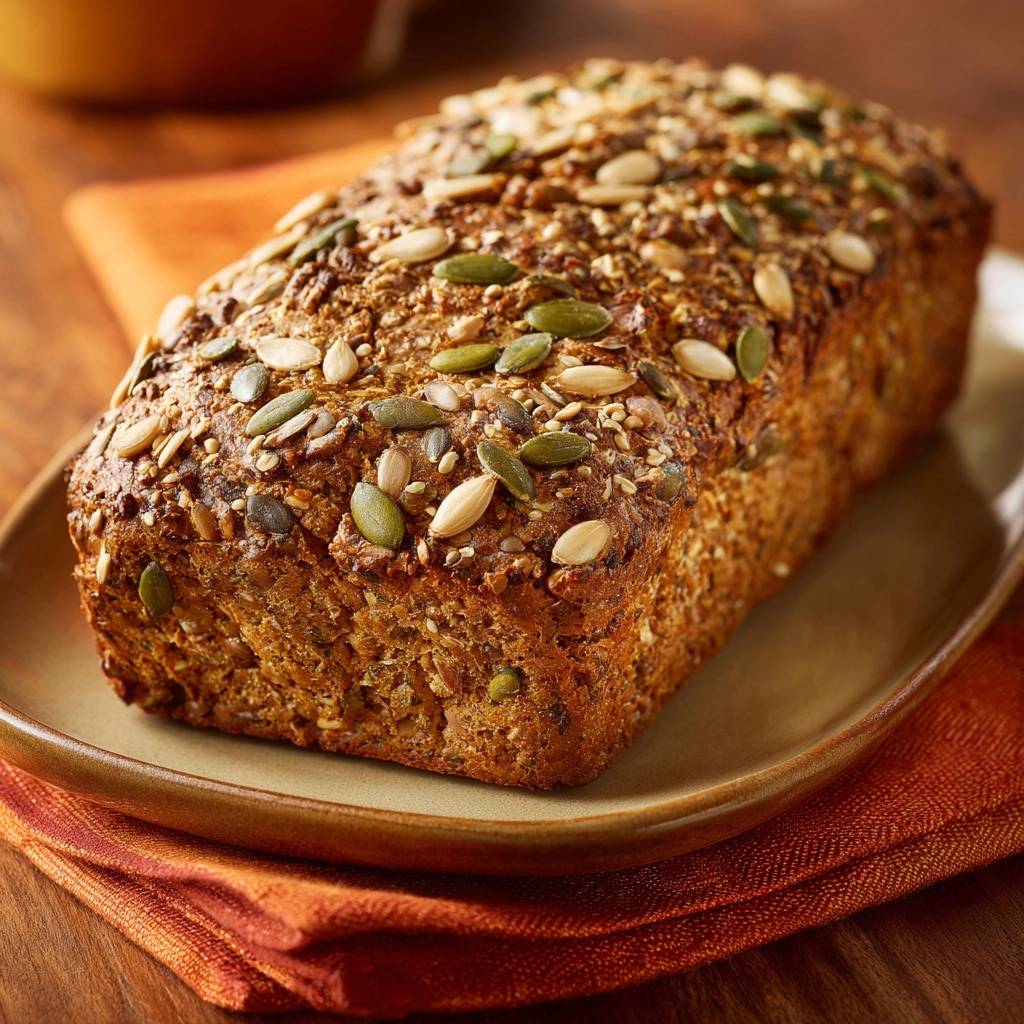 Rustikales Karotten-Samen-Vollkornbrot, das mit verschiedenen Saaten wie Sonnenblumen- und Kürbiskernen auf dem Laib garniert ist.