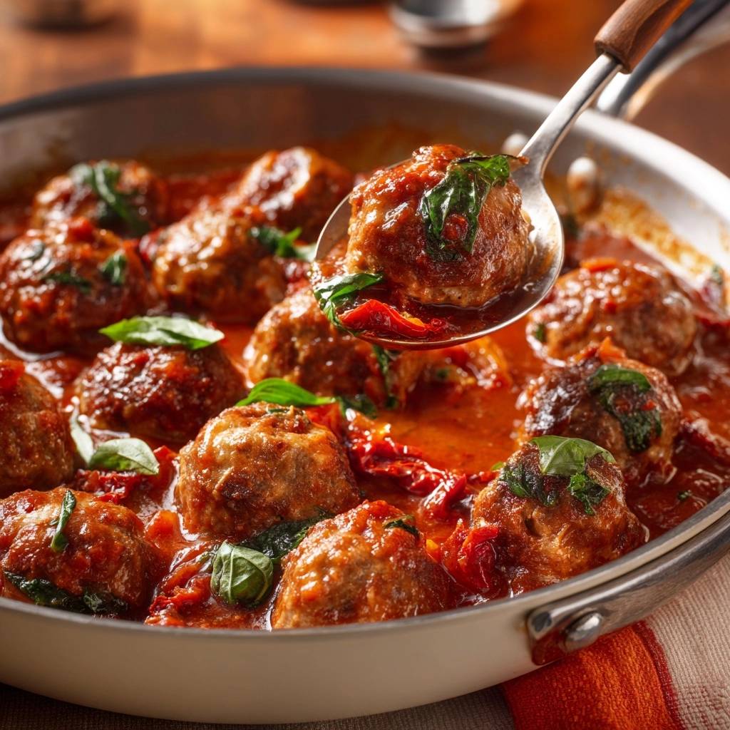 Saftige Fleischbllchen In Tomaten Basilikum Soe Lffel Nahauf 1 Saftige Fleischbällchen in Tomaten-Basilikum-Soße auf einem Löffel, mit frischem Basilikum und Tomatenstücken garniert.