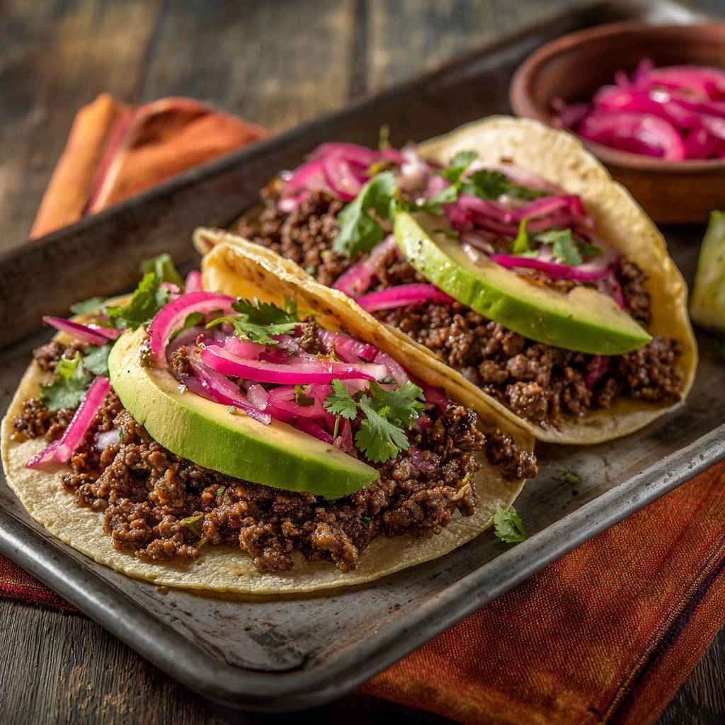 Saftige Rinder Hack Tacos Garniert 1 Saftige Rinder-Hack-Tacos garniert mit Avocado und eingelegten roten Zwiebeln auf einem Blech
