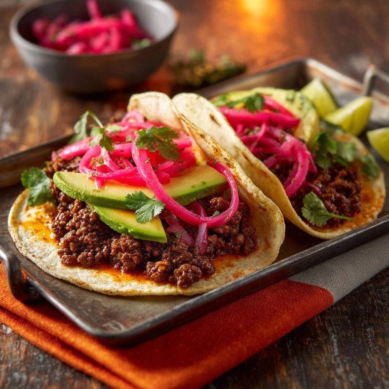 Saftige Rinder-Hack-Tacos mit Avocado und eingelegten roten Zwiebeln, nah aufgenommen und mit Koriander garniert.
