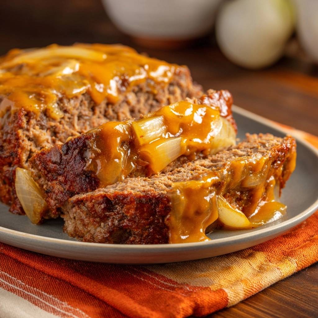 Saftiger Hackbraten mit karamellisierten Zwiebeln, angeschnitten und mit Sauce übergossen auf einem Teller serviert.