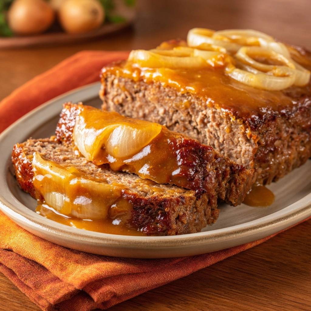 Saftiger Hackbraten mit karamellisierten Zwiebeln, angeschnitten und mit Sauce übergossen, Nahaufnahme der Textur.
