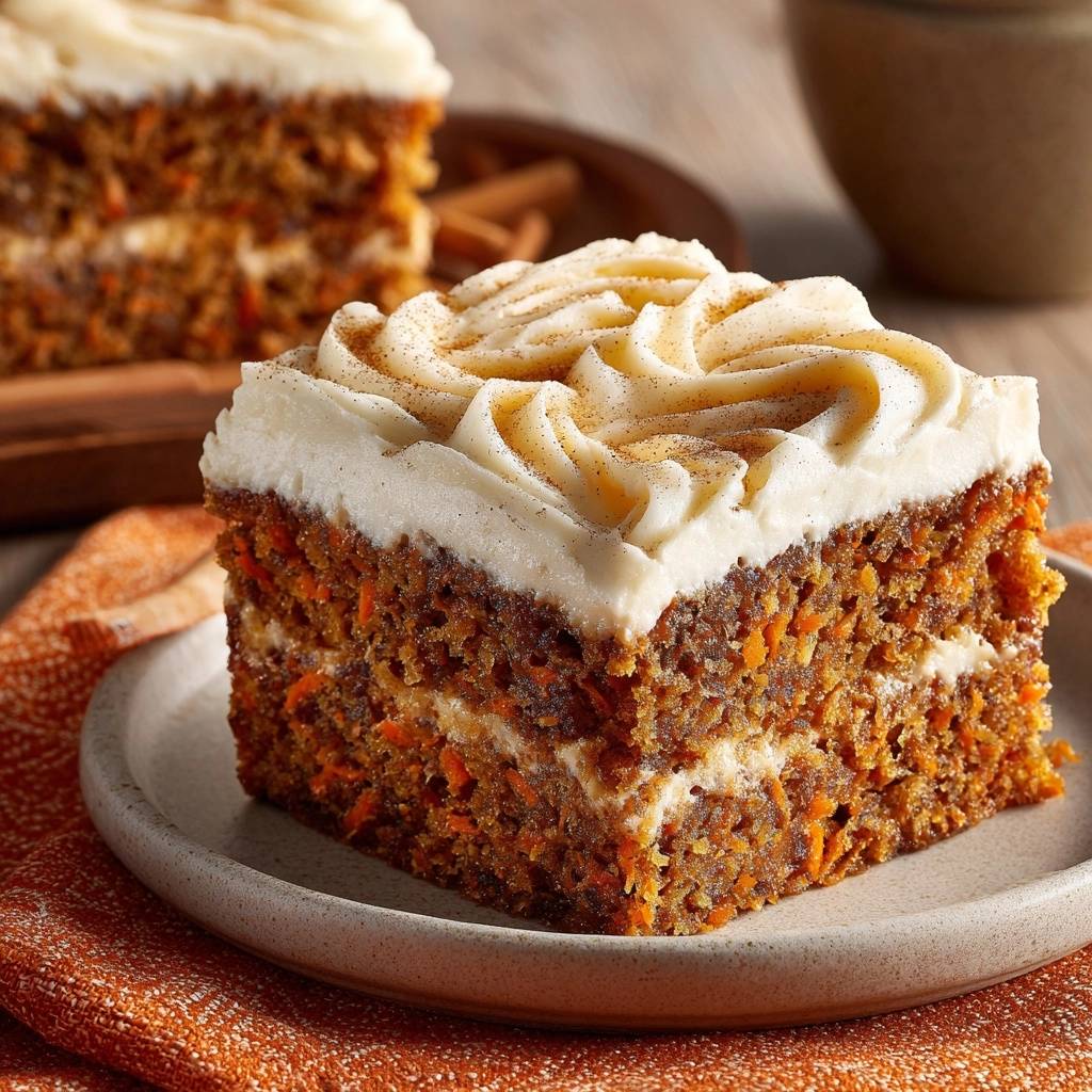 Saftiger Karottenkuchen mit Frischkäse-Creme als Nahaufnahme eines angeschnittenen Stücks mit sichtbarem Inneren