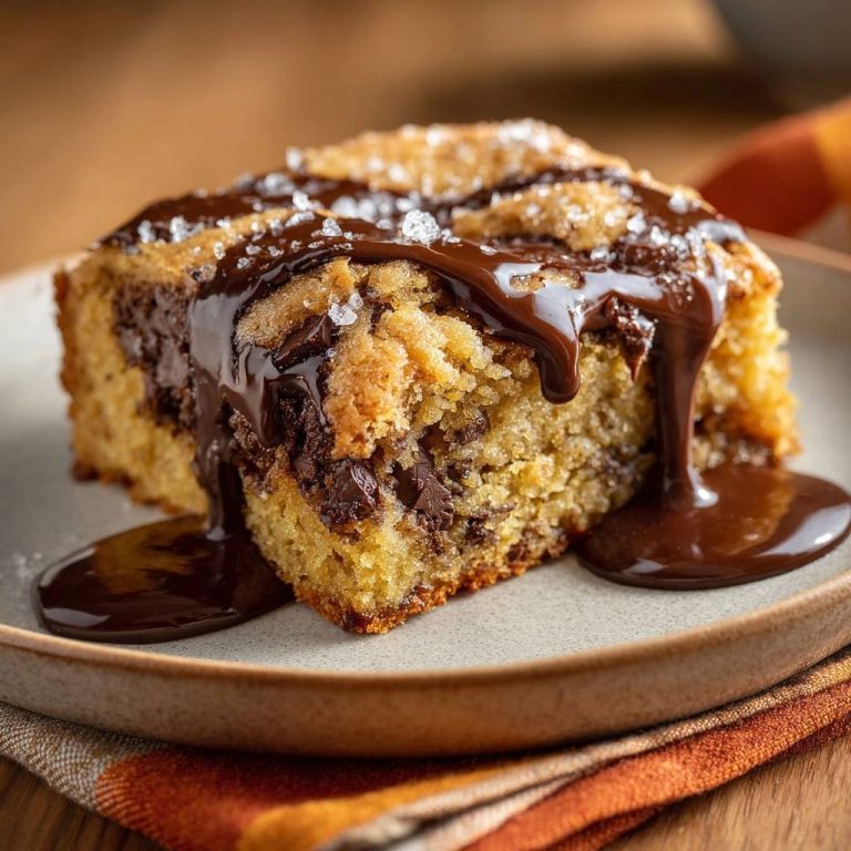 Salzige Schoko-Blondies, ein saftiges Stück mit reichlich Schokoladenglasur und Meersalzflocken garniert.