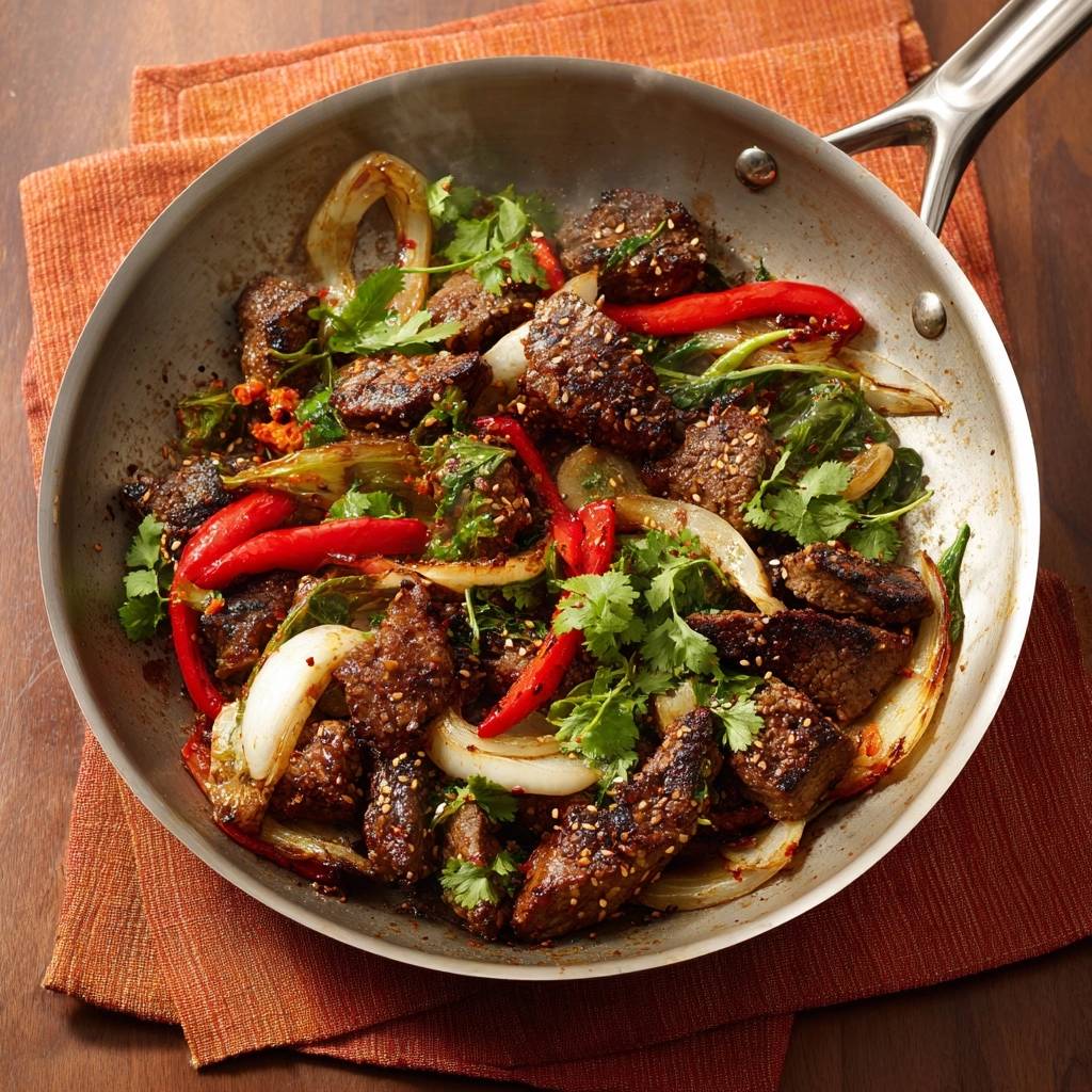 Scharfes Chili-Rindfleisch aus dem Wok, eine Nahaufnahme mit saftigen Rindfleischstücken, roten Chilis und Zwiebeln, bestreut mit Sesam.
