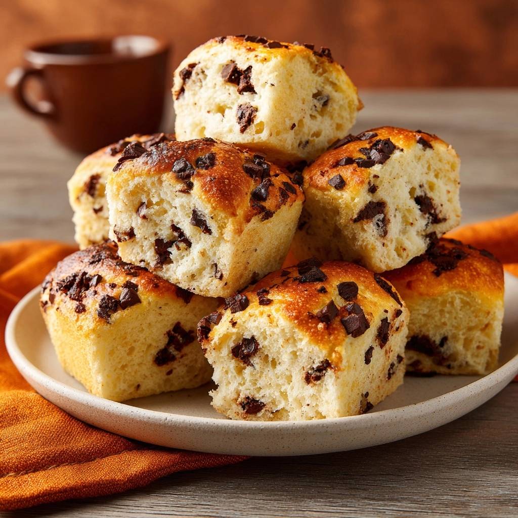 Fluffige Schoko-Brötchen mit Tangzhong angeschnitten auf einem Teller, mit Schokoladenstückchen im Teig.