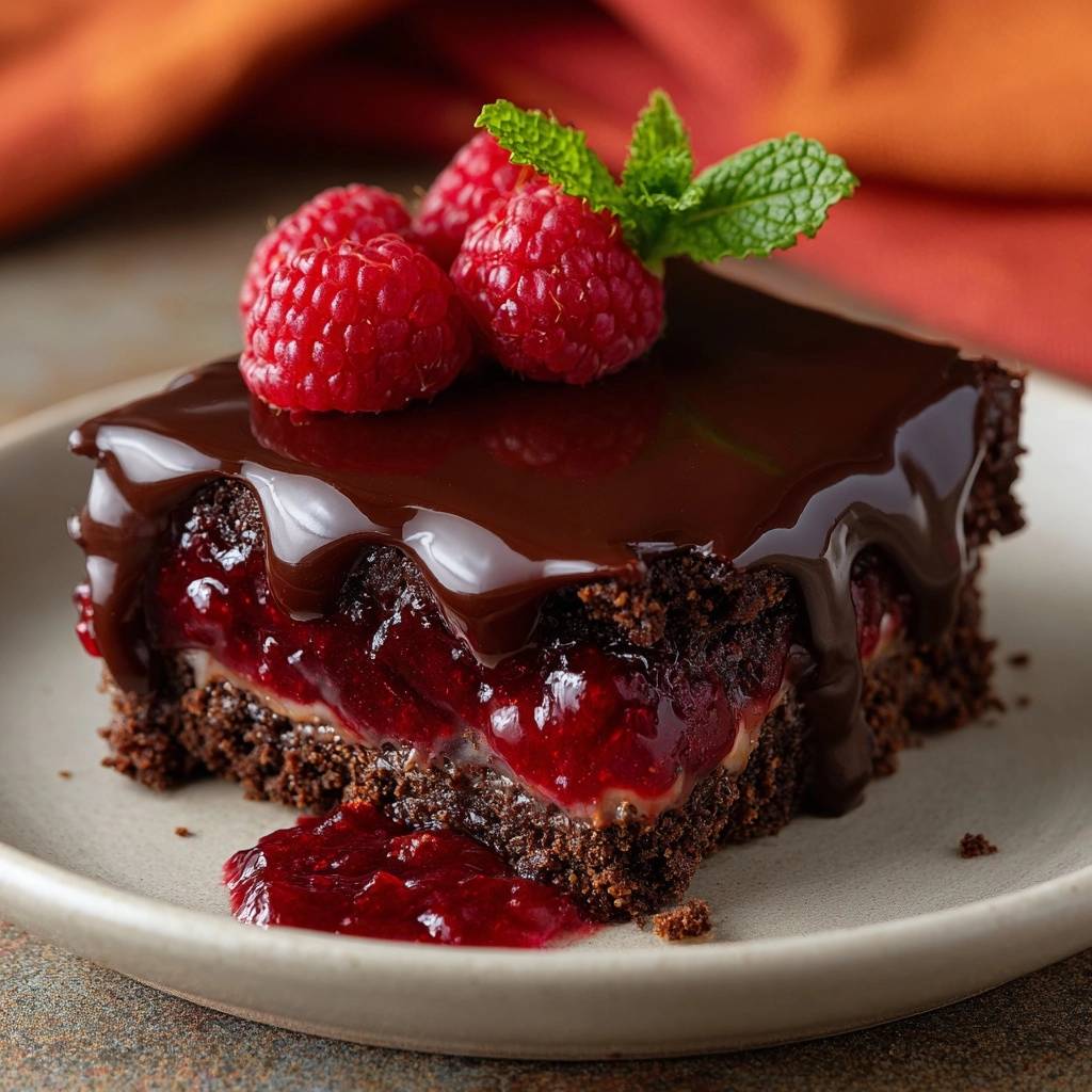 Schoko-Himbeer-Brownies angeschnitten auf einem Teller, garniert mit frischen Himbeeren und Minze, mit Schokoladenglasur.