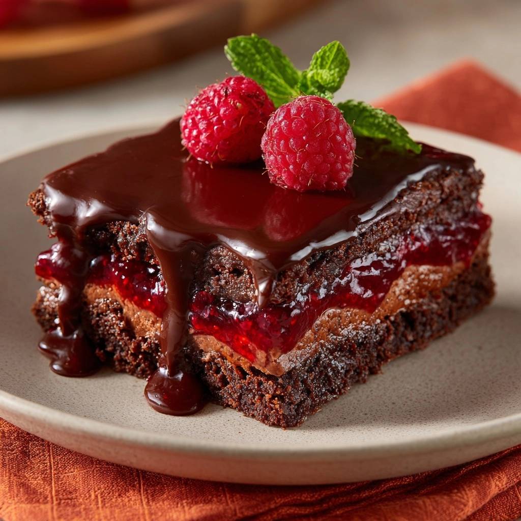 Schoko-Himbeer-Brownies als angeschnittenes Stück mit Himbeeren und Minze garniert, Nahaufnahme der Schichten.
