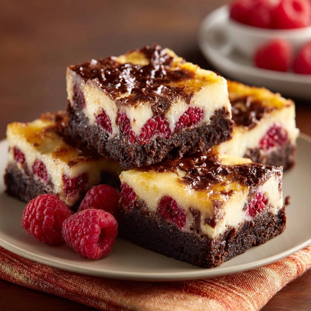 Schoko Himbeer Cheesecake Brownies Angeschnitten 1 Schoko-Himbeer-Cheesecake-Brownies angeschnitten, die innen mit saftigen Himbeeren und cremiger Käsekuchenschicht begeistern.