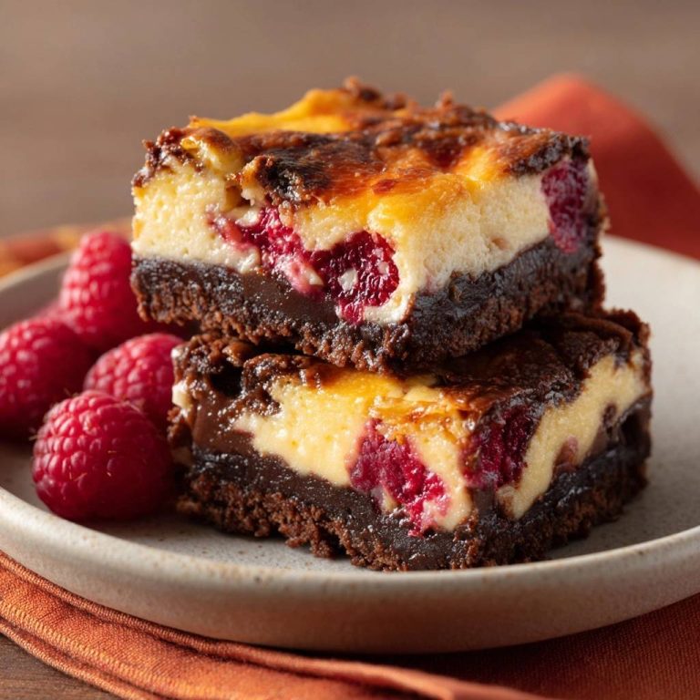 Schoko-Himbeer-Cheesecake-Brownies gestapelt auf einem Teller mit frischen Himbeeren daneben, Nahaufnahme der Schichten.