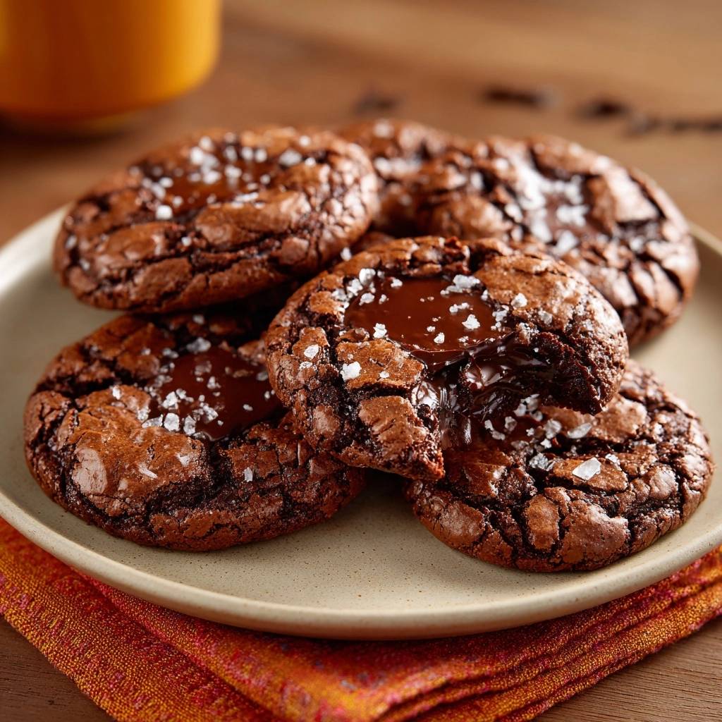 Knusprige Schoko-Lava-Kekse mit Meersalz, angeschnitten, mit flüssigem Schokoladenkern und Meersalzflocken.