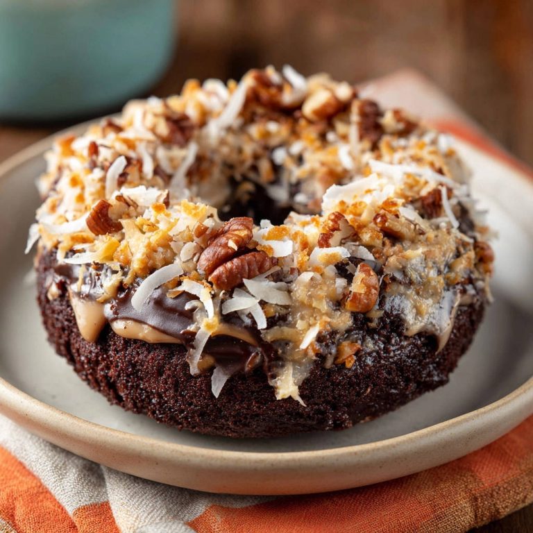 Dekadenter Schoko-Nuss-Donut mit Schokoladenglasur, Kokosraspeln und Pekannüssen, detailreich garniert.