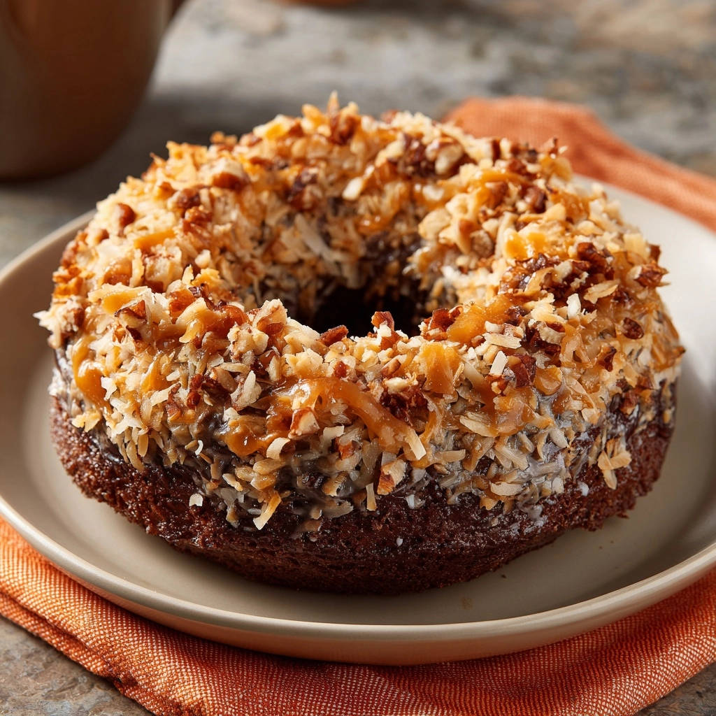Dekadenter Schoko-Nuss-Donut, üppig garniert mit Kokosraspeln und gehackten Nüssen.