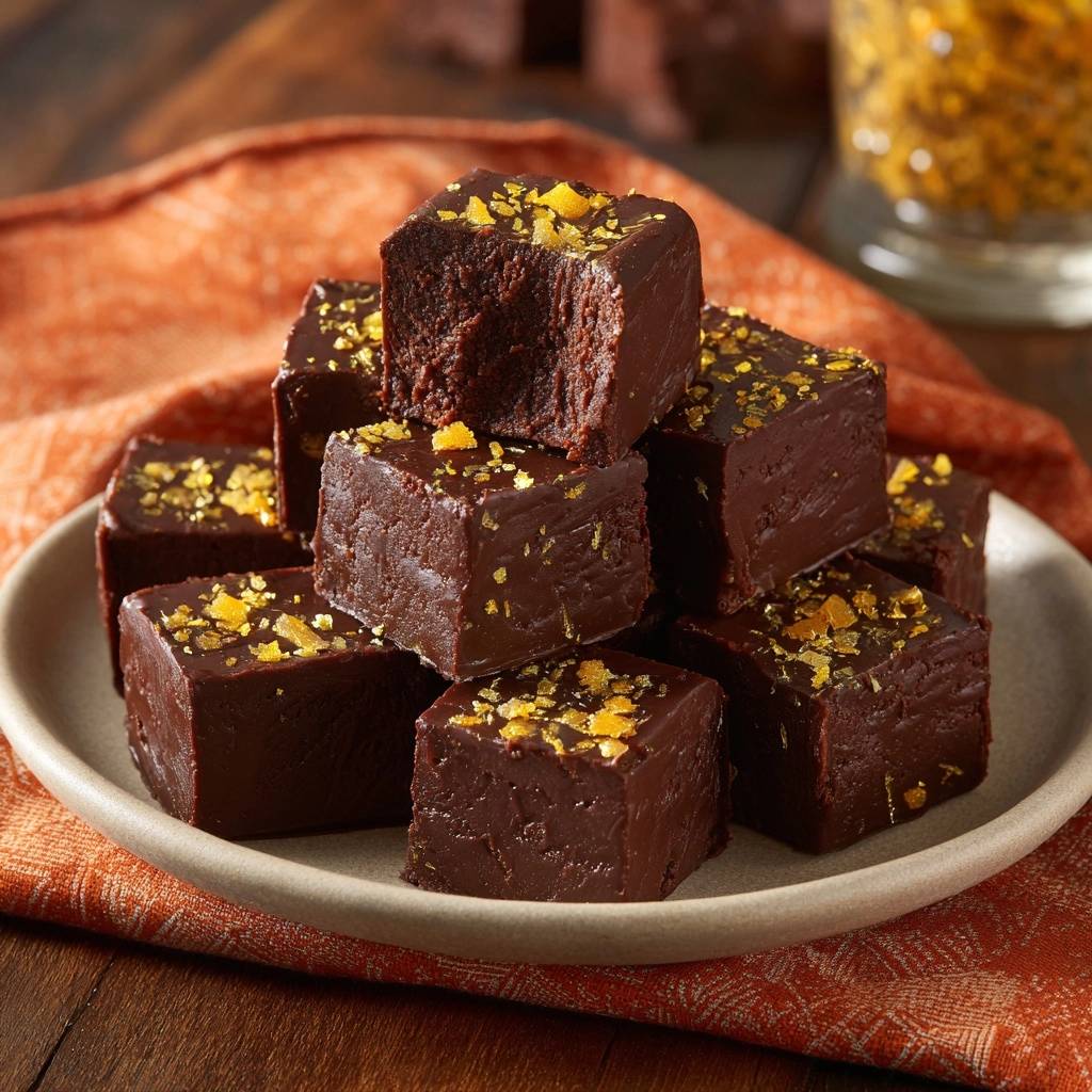Schoko Orangen Gold Brownies Detail Garnitur 1 Schoko-Orangen-Gold-Brownies mit feiner Orangenzesten-Garnitur auf einem Stapel serviert.