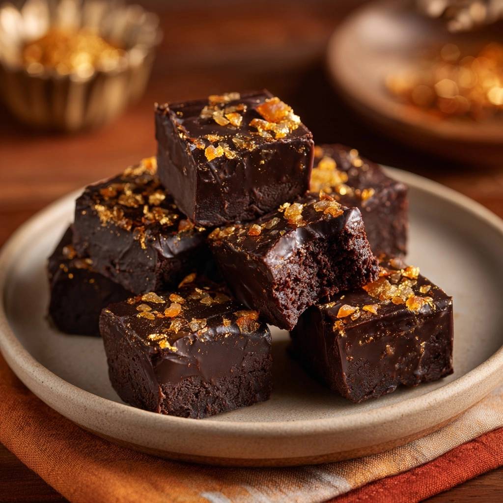 Schoko-Orangen-Gold-Brownies, gestapelt auf einem Teller, mit Nahaufnahme der glänzenden Schokoladenglasur und der orangen sowie goldenen Garnitur.