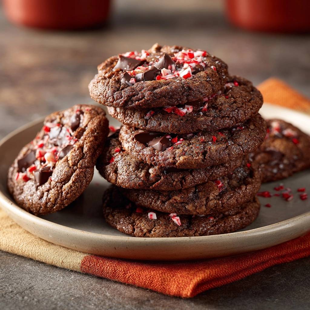 Schoko-Pfefferminz-Cookies, gestapelt auf einem Teller und mit gehackten Pfefferminzbonbons und Schokoladenstückchen garniert.