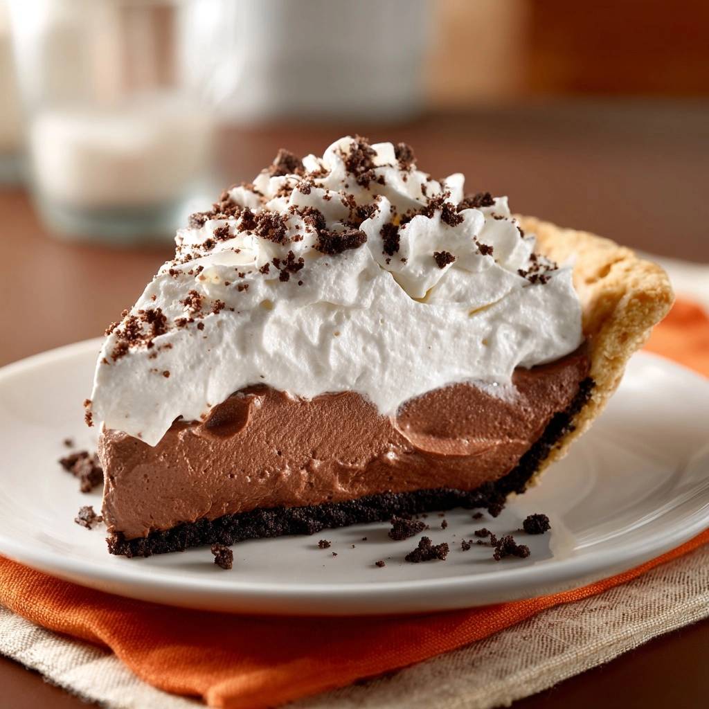 Schoko Sahne Pie Angeschnitten 1 Schoko-Sahne-Pie angeschnitten auf einem Teller mit Schlagsahne und Keksbröseln garniert, ein köstliches Dessert.