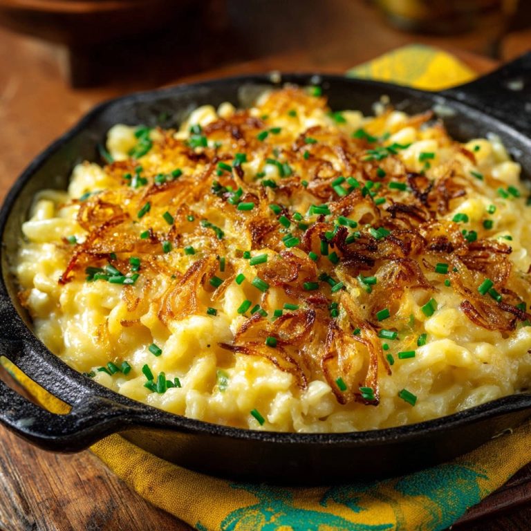 Original Schwäbische Käsespätzle mit knusprigen Zwiebeln und frischen Kräutern garniert, in einer Pfanne serviert.