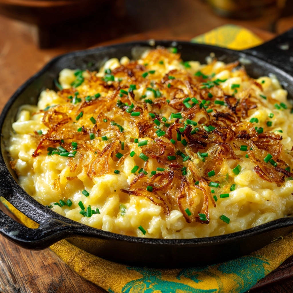 Original Schwäbische Käsespätzle mit knusprigen Zwiebeln und frischen Kräutern garniert, in einer Pfanne serviert.