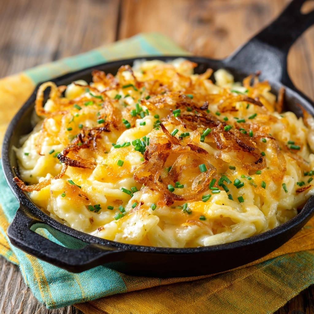 Original Schwäbische Käsespätzle mit knusprigen Röstzwiebeln und frischem Schnittlauch garniert in einer gusseisernen Pfanne.