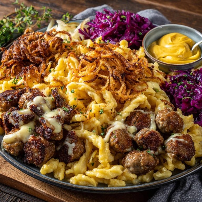 Schwäbische Spätzle-Pfanne mit herzhaften Frikadellen und knusprigen Röstzwiebeln als Nahaufnahme auf einem Teller serviert.