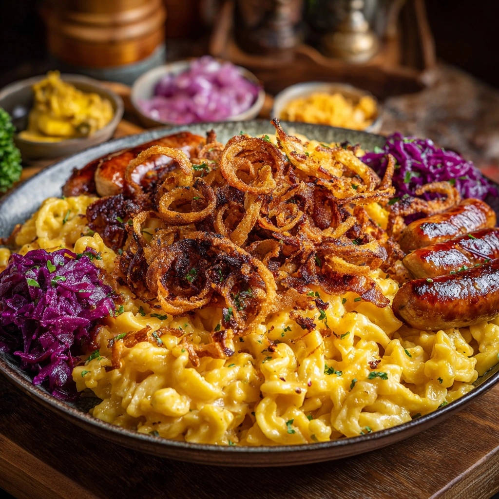 Schwaebische Spaetzle Pfanne Mit Frikadellen Nahaufnahme 1 Schwäbische Spätzle-Pfanne mit herzhaften Frikadellen und knusprigen Röstzwiebeln, nahaufnahme der servierten Portion mit Rotkohl.