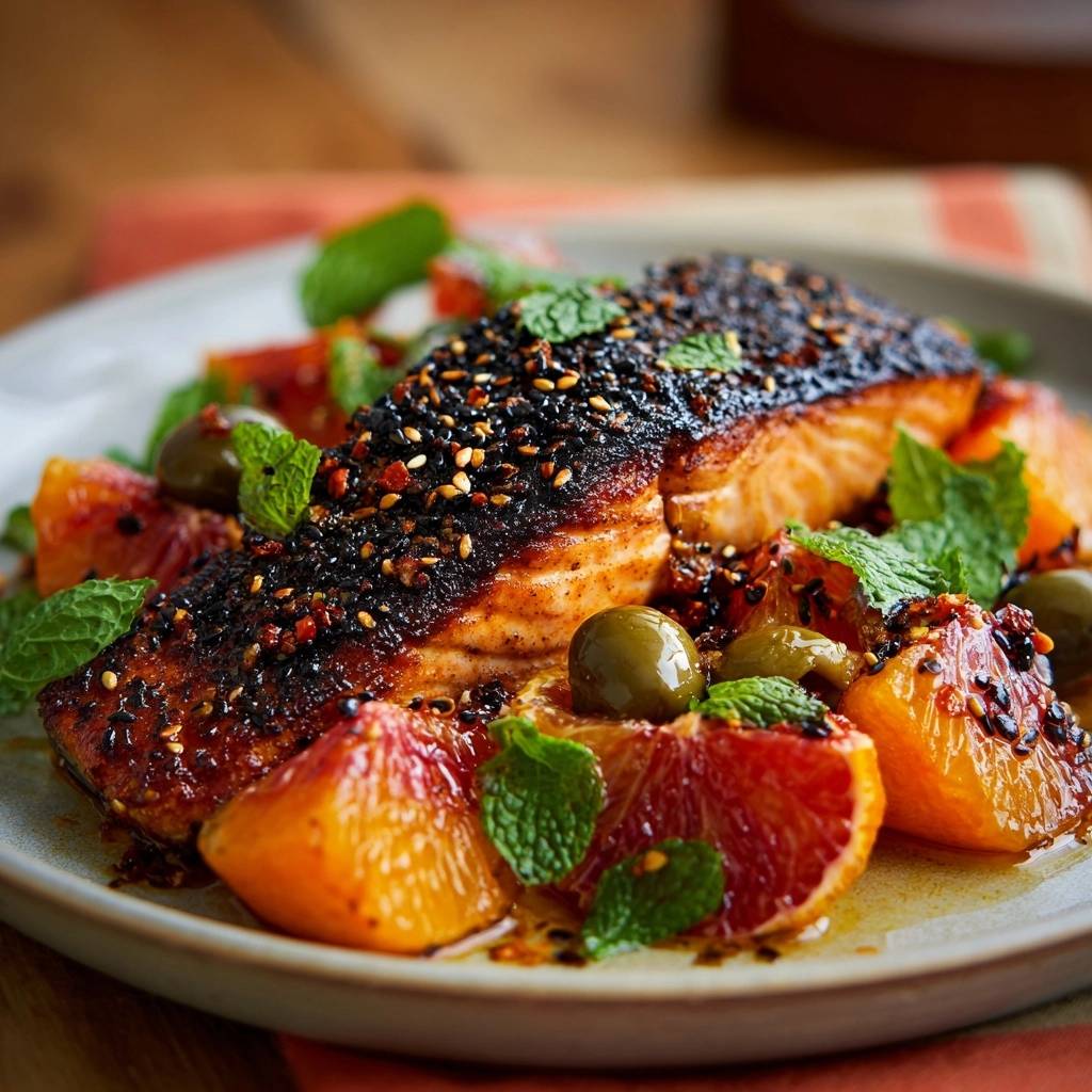 Sesamknuspriger Lachs Nahaufnahme Garniert 1 Sesamknuspriger Lachs mit Blutorangen, Oliven und Minze, als Nahaufnahme mit Fokus auf die Textur und Garnitur serviert.