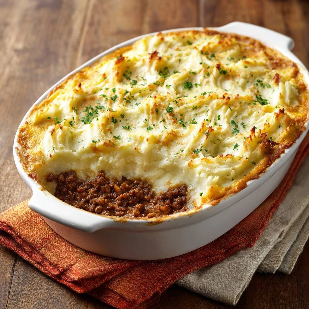Shepherd’s Pie mit knuspriger Kruste und Fleischfüllung im Querschnitt, auf einem Holztisch serviert.