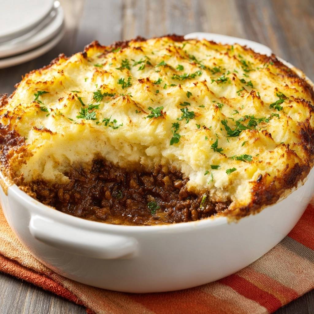 Shepherd’s Pie, angeschnitten, mit einer knusprigen Kruste aus Kartoffelpüree und einer herzhaften Hackfleischfüllung.