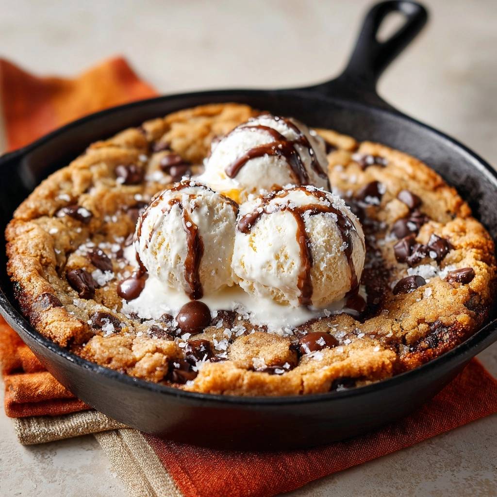 Skillet Chocolate Chip Cookie mit Eis serviert, ein warmer Keks mit geschmolzenem Eis und Schokoladensauce beträufelt.