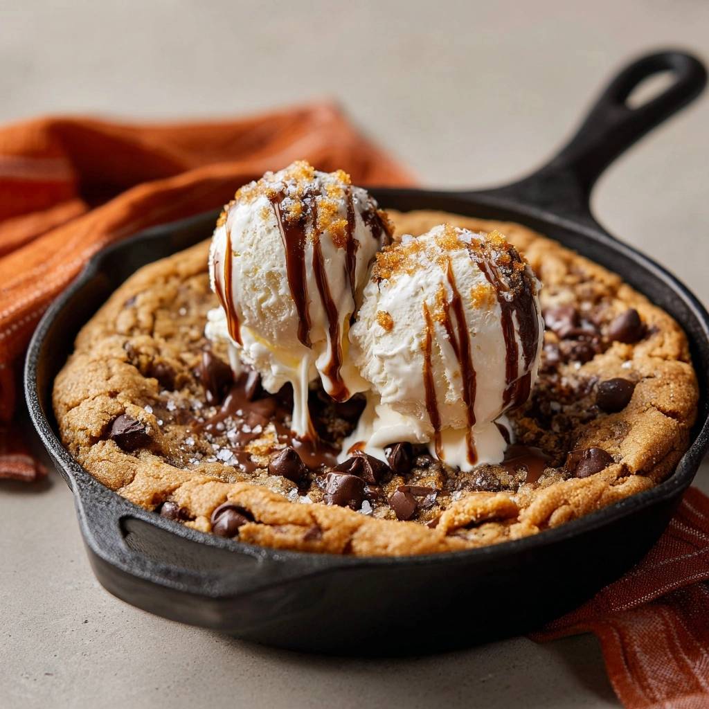 Skillet Chocolate Chip Cookie mit zwei Kugeln Eis, Schokoladensauce und Streuseln in einer gusseisernen Pfanne serviert.