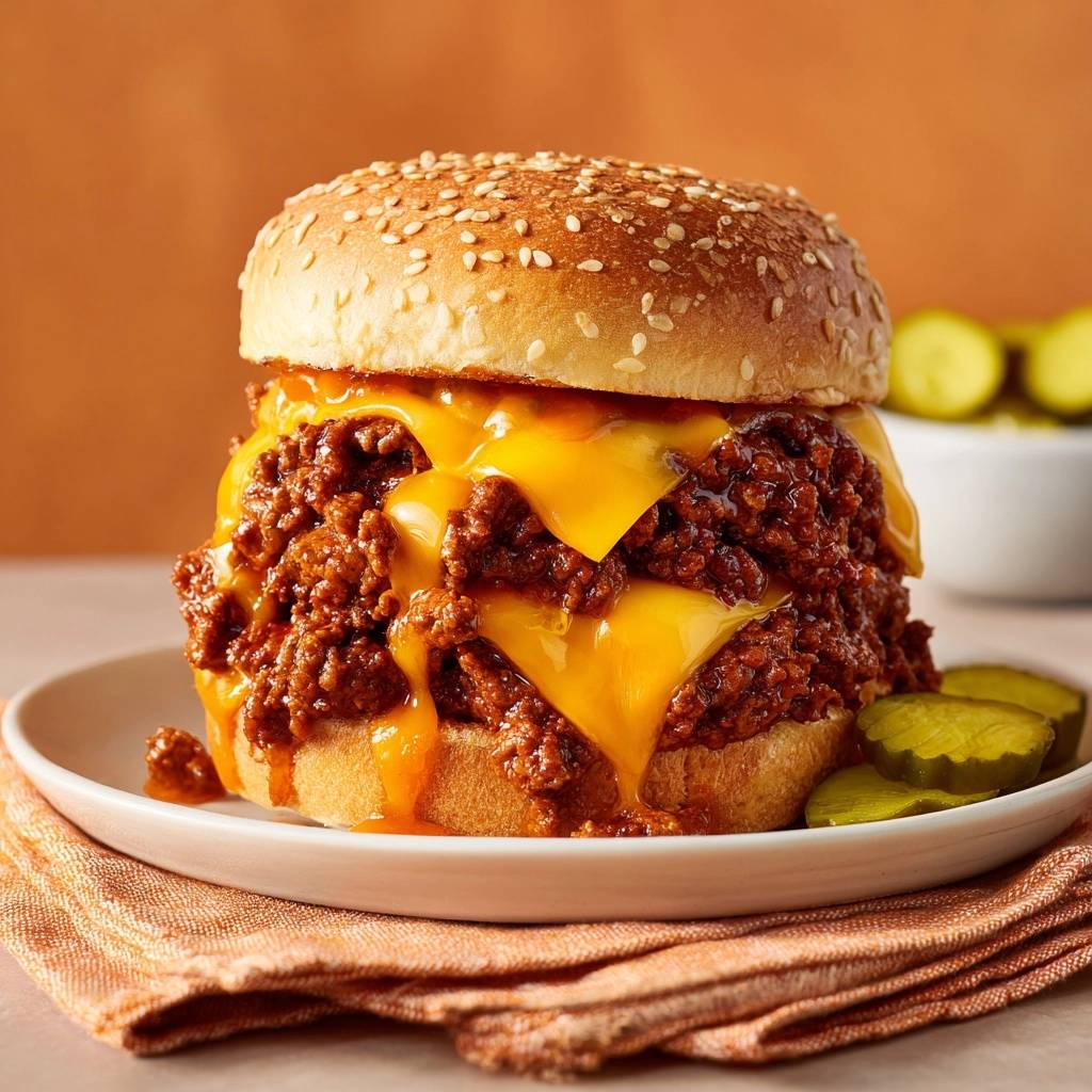 Sloppy Joe Burger mit Käse als Nahaufnahme, mit geschmolzenem Käse und saftigem Hackfleischfleisch auf einem Sesambrötchen.