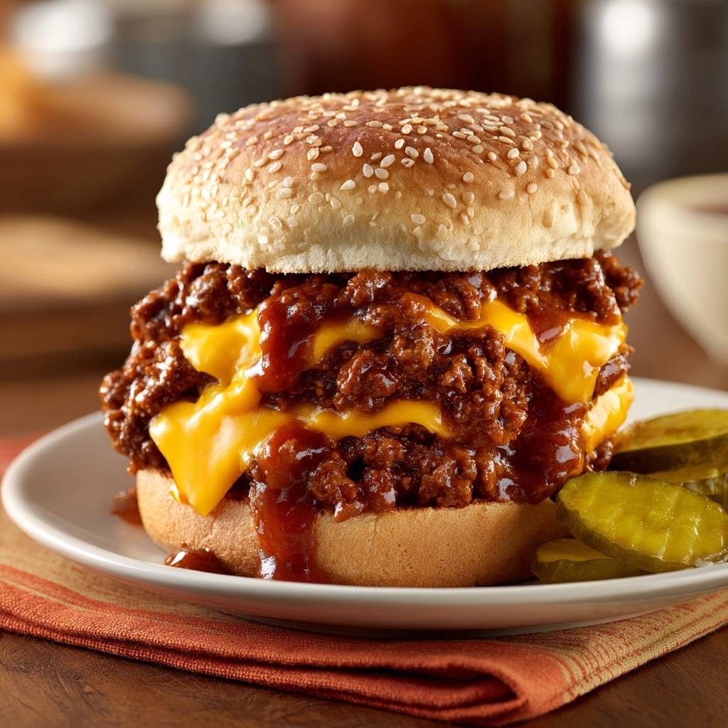 Sloppy Joe Burger mit Käse als Nahaufnahme auf einem Teller mit Gurkenscheiben serviert