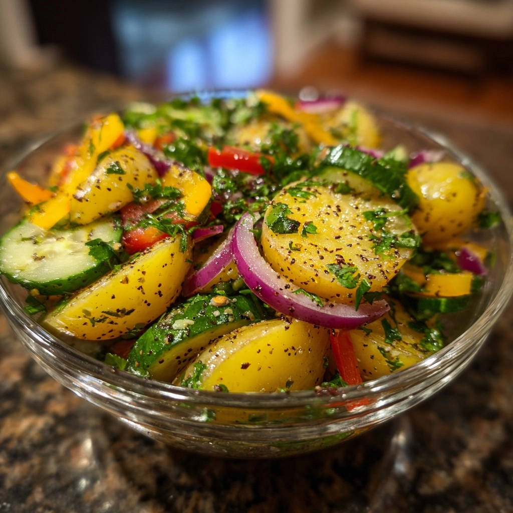 Sommerlicher Kartoffel Gurken Salat Nahaufnahme 1 Sommerlicher Kartoffel-Gurken-Salat in Nahaufnahme, mit Kartoffelscheiben, Gurken und roten Zwiebeln in einer Glasschüssel.