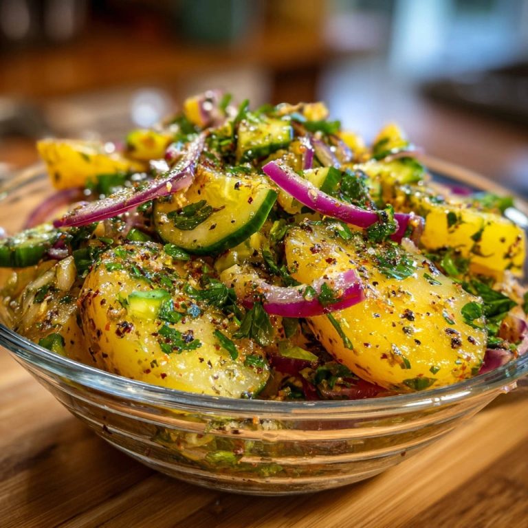 Sommerlicher Kartoffel-Gurken-Salat in einer Glasschüssel, Nahaufnahme mit Fokus auf die frischen Zutaten und das Dressing.