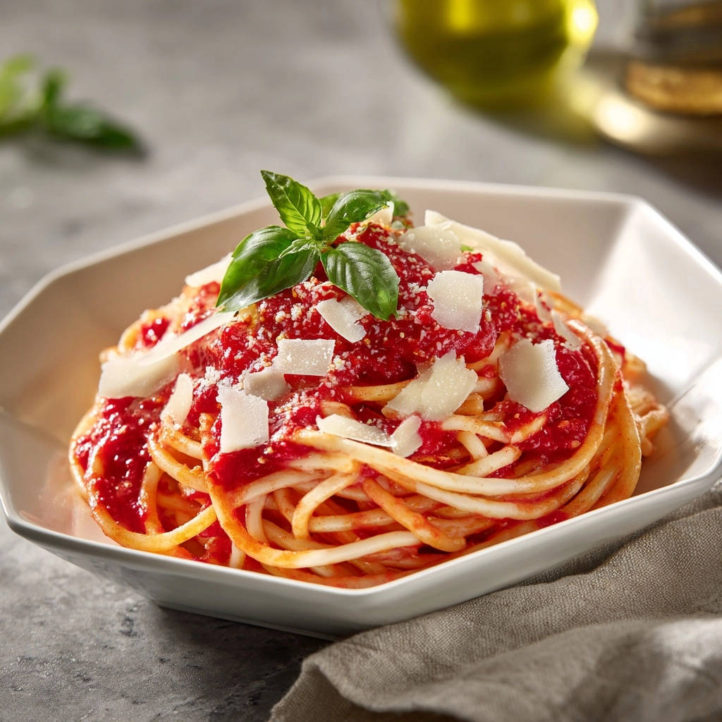 Spaghetti al Pomodoro, garniert mit frischem Basilikum und schattierten Parmesanflocken, serviert in einer Schüssel.