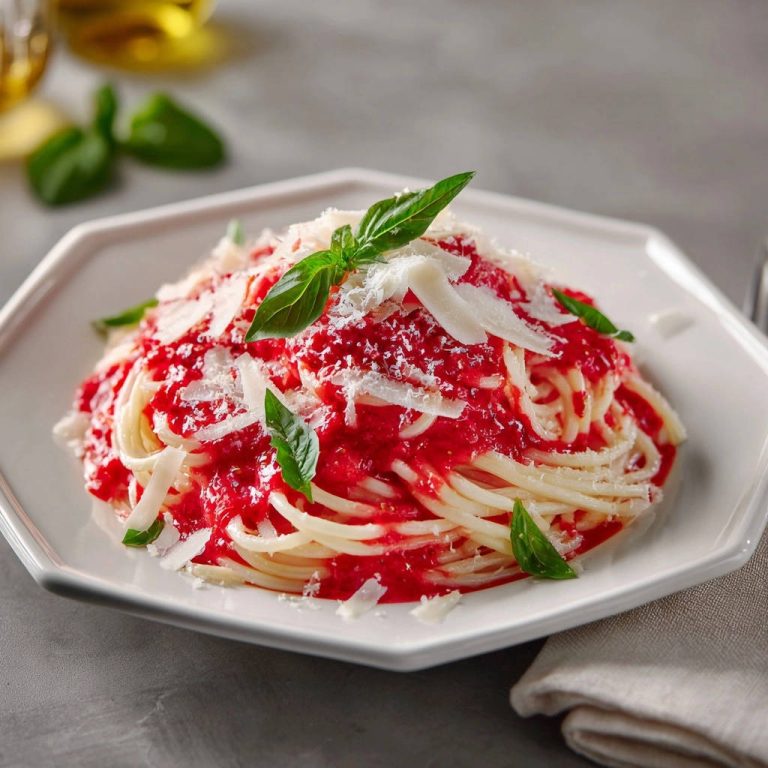 Spaghetti al Pomodoro, eine Portion Nudeln mit Tomatensauce, garniert mit frischem Basilikum und gehobeltem Parmesan.