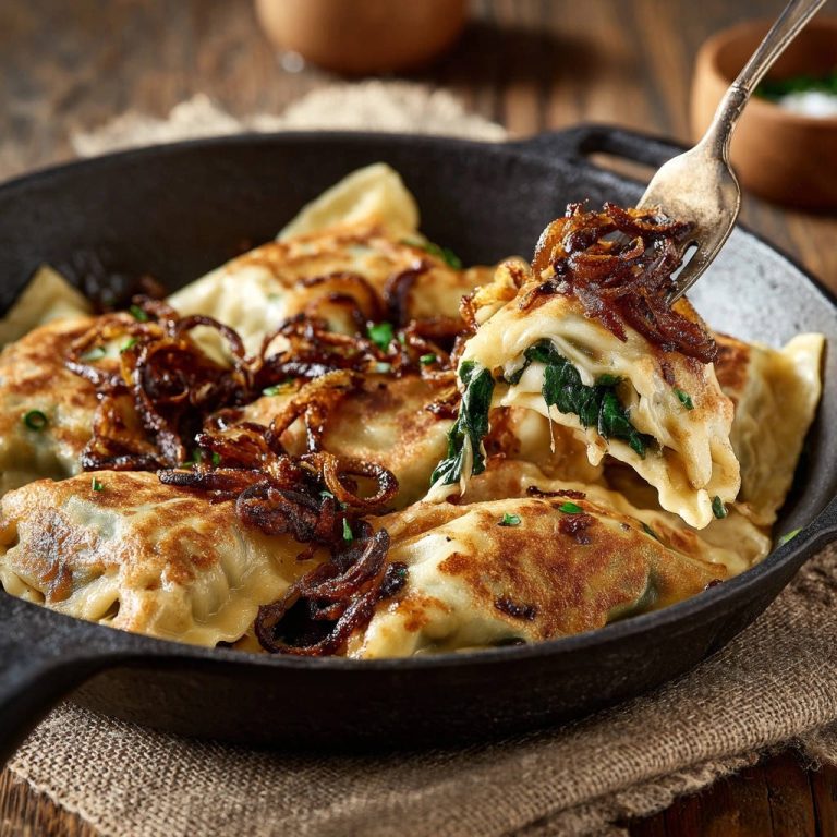 Spinat-Käse-Teigtaschen mit knusprigen Röstzwiebeln, eine Gabel zeigt den saftigen Querschnitt mit Spinatfüllung.